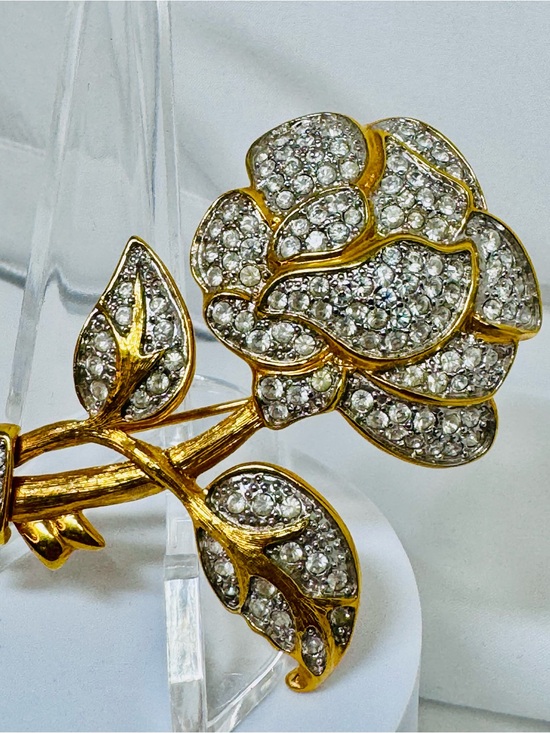 Nolan Miller Jewelry - Vintage Nolan Miller signed Gold-Tone Crystal Rose Brooch